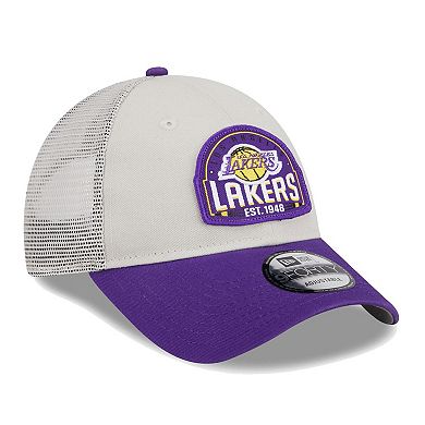 Men's New Era Khaki/Purple Los Angeles Lakers Throwback Patch Trucker 9FORTY Adjustable Hat