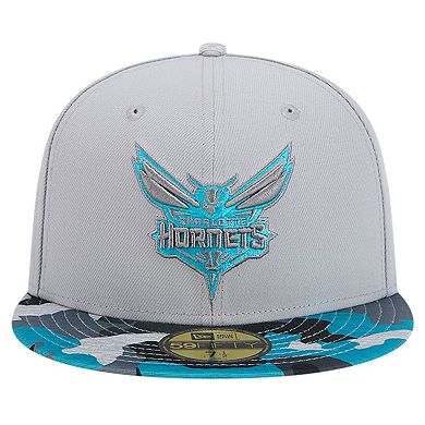 Men's New Era Gray Charlotte Hornets Active Color Camo Visor 59FIFTY Fitted Hat
