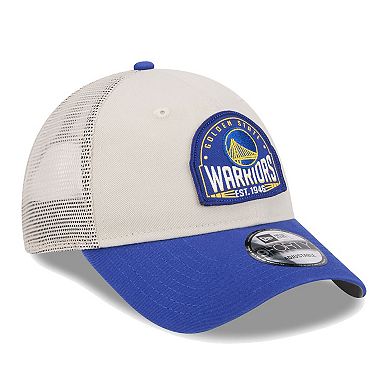 Men's New Era Khaki/Royal Golden State Warriors Throwback Patch Trucker 9FORTY Adjustable Hat