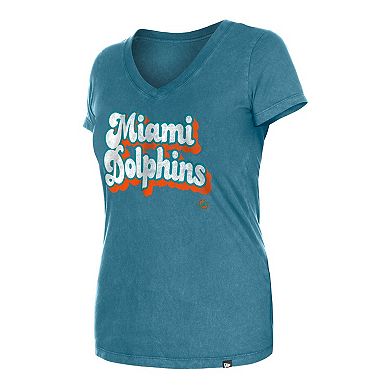 Women's New Era Aqua Miami Dolphins Enzyme Wash Low V-Neck T-Shirt