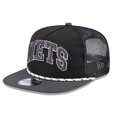 Men's New Era Black/Charcoal Brooklyn Nets Throwback Team Arch Golfer Snapback Hat