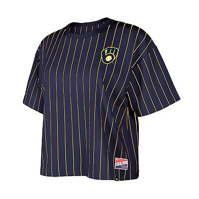 Women's New Era Navy Milwaukee Brewers Boxy Pinstripe T-Shirt