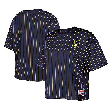 Women's New Era Navy Milwaukee Brewers Boxy Pinstripe T-Shirt