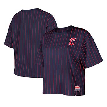 Women's New Era Navy Cleveland Guardians Boxy Pinstripe T-Shirt