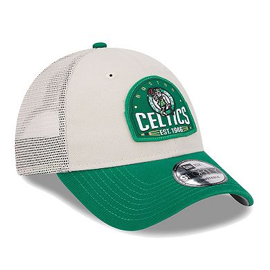 Men's New Era Khaki/Kelly Green Boston Celtics Throwback Patch Trucker 9FORTY Adjustable Hat