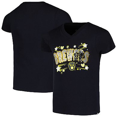 Girls Youth New Era Navy Milwaukee Brewers Sequin V-Neck T-Shirt
