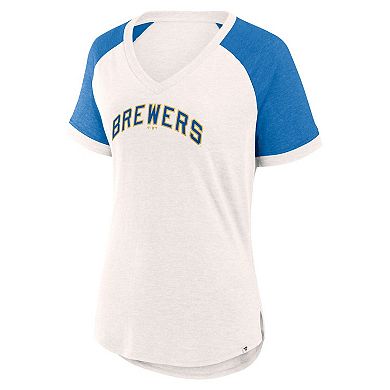 Women's Fanatics Branded White/Royal Milwaukee Brewers For the Team Slub Raglan V-Neck Jersey T-Shirt