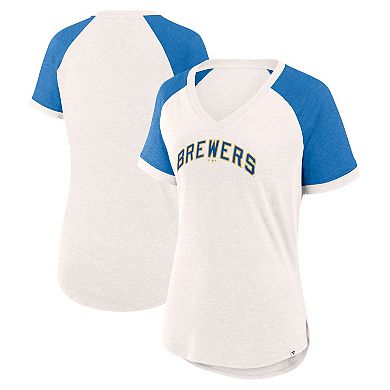 Women's Fanatics Branded White/Royal Milwaukee Brewers For the Team Slub Raglan V-Neck Jersey T-Shirt
