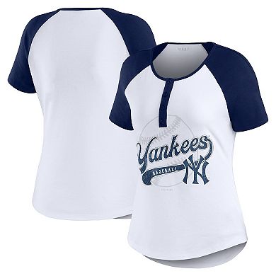 Women's WEAR by Erin Andrews White/Navy New York Yankees Henley Raglan T-Shirt