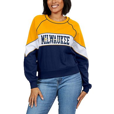 Women's WEAR by Erin Andrews Gold/Navy Milwaukee Brewers Crewneck Pullover Sweatshirt