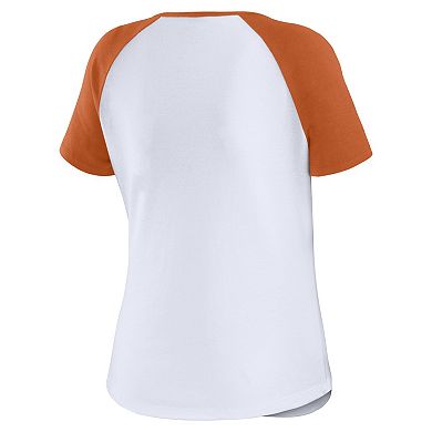 Women's WEAR by Erin Andrews White Texas Longhorns Baseball Logo Raglan Henley T-Shirt