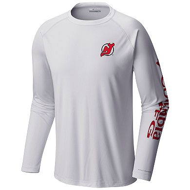 Men's  Columbia White New Jersey Devils Terminal Tackle Omni-Shade Raglan Long Sleeve T-Shirt
