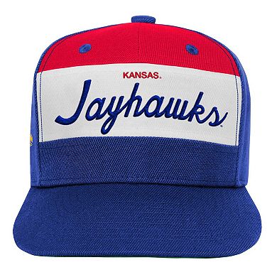 Youth Mitchell & Ness White/Royal Kansas Jayhawks Retro Sport Color Block Script Snapback Hat