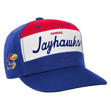 Youth Mitchell & Ness White/Royal Kansas Jayhawks Retro Sport Color Block Script Snapback Hat