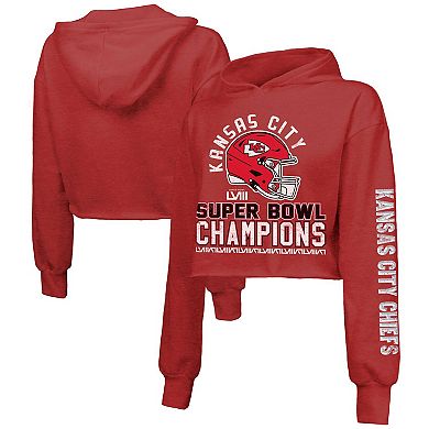 Women's Majestic Threads  Red Kansas City Chiefs Super Bowl LVIII Champions Head Count Hit Tri-Blend Cropped Hoodie