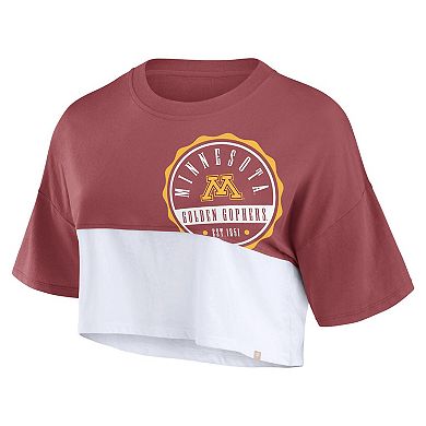 Women's Fanatics Maroon/White Minnesota Golden Gophers Oversized Badge Colorblock Cropped T-Shirt