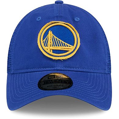 Men's New Era Royal Golden State Warriors Rough Edge Logo Trucker 9TWENTY Adjustable Hat