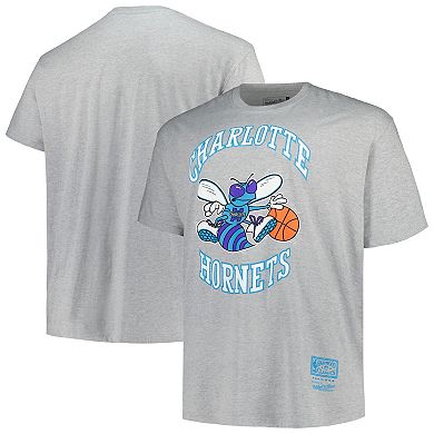 Men's Mitchell & Ness Heather Gray Charlotte Hornets Big & Tall Hardwood Classics Vintage Logo T-Shirt