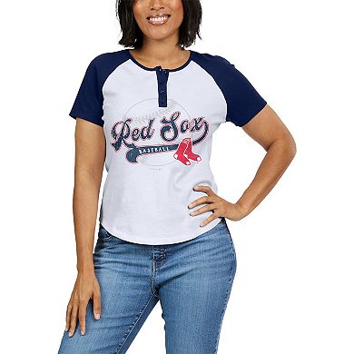 Women's WEAR by Erin Andrews White/Navy Boston Red Sox Henley Raglan T-Shirt