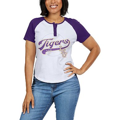 Women's WEAR by Erin Andrews White LSU Tigers Baseball Logo Raglan Henley T-Shirt