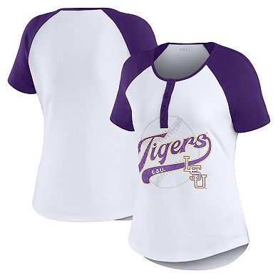 Women's WEAR by Erin Andrews White LSU Tigers Baseball Logo Raglan Henley T-Shirt