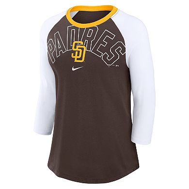 Women's Nike Brown/White San Diego Padres Knockout Arch 3/4-Sleeve Raglan Tri-Blend T-Shirt