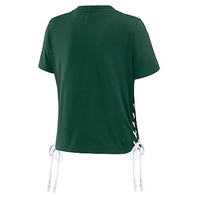 Women's WEAR by Erin Andrews Green Green Bay Packers Lace Up Side Modest Cropped T-Shirt