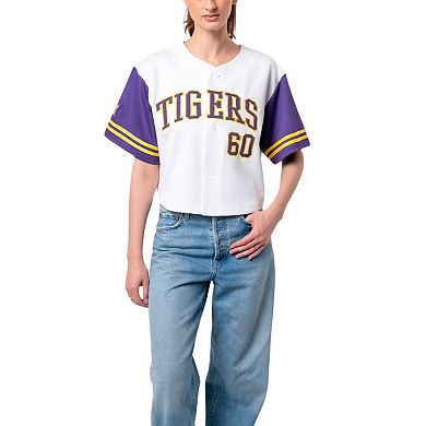 Women's Established & Co. White LSU Tigers Baseball Jersey Cropped T-Shirt