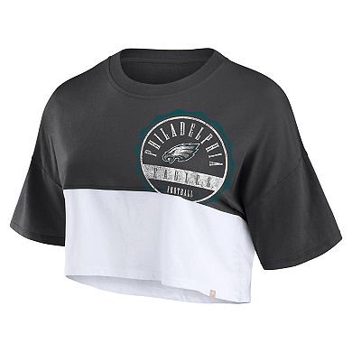 Women's Fanatics Branded Black/White Philadelphia Eagles Boxy Color Split Cropped T-Shirt