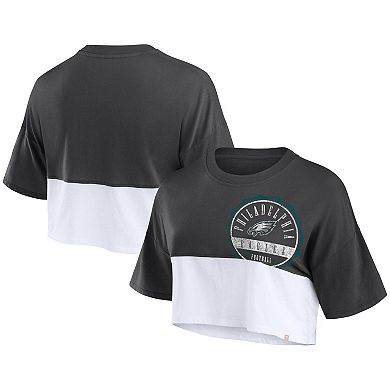 Women's Fanatics Branded Black/White Philadelphia Eagles Boxy Color Split Cropped T-Shirt