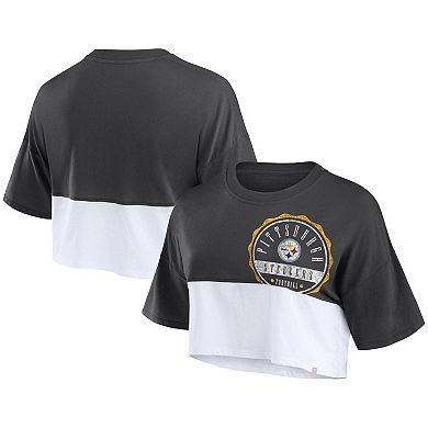 Women's Fanatics Branded Black/White Pittsburgh Steelers Boxy Color Split Cropped T-Shirt