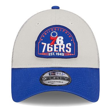 Men's New Era Khaki/Royal Philadelphia 76ers Throwback Patch Trucker 9FORTY Adjustable Hat