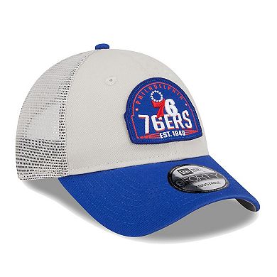 Men's New Era Khaki/Royal Philadelphia 76ers Throwback Patch Trucker 9FORTY Adjustable Hat