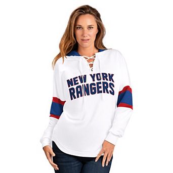 Women's G-III 4Her by Carl Banks White/Blue New York Rangers Goal Zone Long Sleeve Lace-Up Hoodie T-Shirt