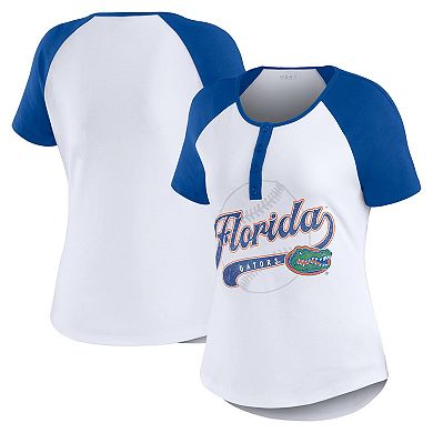Women's WEAR by Erin Andrews White Florida Gators Baseball Logo Raglan Henley T-Shirt