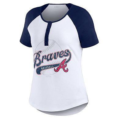 Women's WEAR by Erin Andrews White/Navy Atlanta Braves Henley Raglan T-Shirt