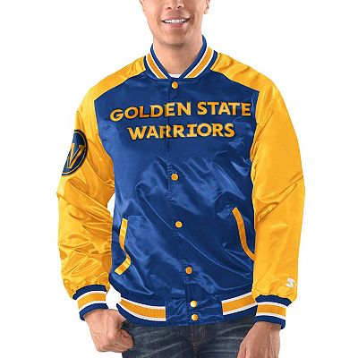 Men s Starter Royal Gold Golden State Warriors Renegade Satin Full Snap Varsity Jacket