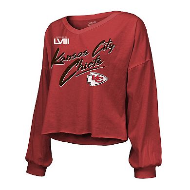 Women's Majestic Threads Travis Kelce Red Kansas City Chiefs Super Bowl LVIII Player Name & Number Off-Shoulder Cropped Long Sleeve V-Neck T-Shirt