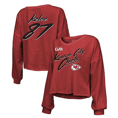 Women's Majestic Threads Travis Kelce Red Kansas City Chiefs Super Bowl LVIII Player Name & Number Off-Shoulder Cropped Long Sleeve V-Neck T-Shirt