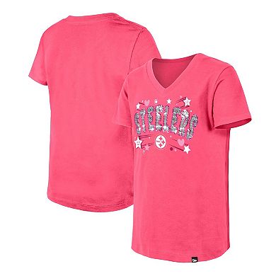 Youth New Era Pink Pittsburgh Steelers Flip Sequins V-Neck T-Shirt