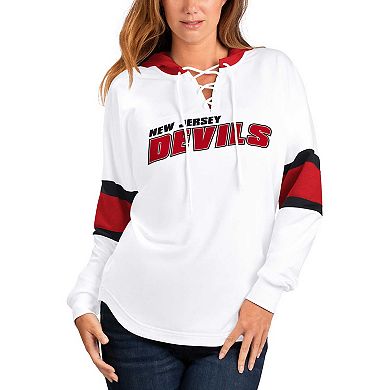 Women's G-III 4Her by Carl Banks White/Red New Jersey Devils Goal Zone Long Sleeve Lace-Up Hoodie T-Shirt