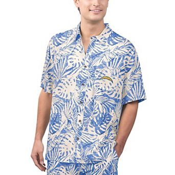 Men's Margaritaville Tan Los Angeles Chargers Sand Washed Monstera Print Party Button-Up Shirt