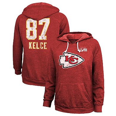 Women's Majestic Threads Travis Kelce Red Kansas City Chiefs Super Bowl LVIII Player Name & Number Tri-Blend Pullover Hoodie