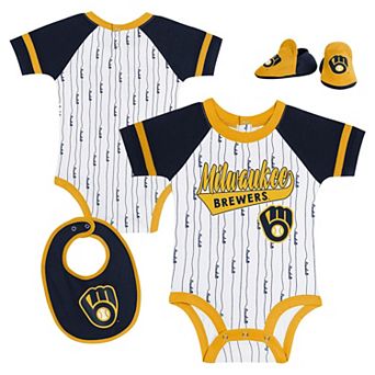 "Newborn & Infant White Milwaukee Brewers Base Hitter Bodysuit, Bib & Bootie Set"