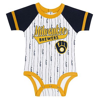 Newborn & Infant White Milwaukee Brewers Base Hitter Bodysuit, Bib & Bootie Set