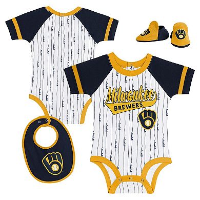 Newborn & Infant White Milwaukee Brewers Base Hitter Bodysuit, Bib & Bootie Set