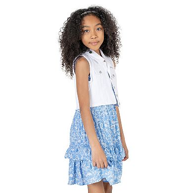 Girls 7-16 Rare Editions 2-Piece Floral Printed Dress and White Denim Vest Set