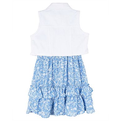 Girls 7-16 Rare Editions 2-Piece Floral Printed Dress and White Denim Vest Set