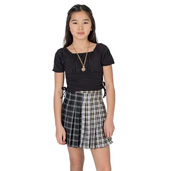 Girls 7-16 Rare Editions 3 pc Puff Sleeve Top, Two-Tone Plaid Skirt & Necklace Set