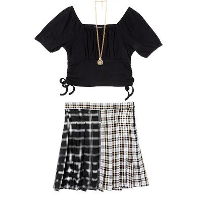 Girls 7-16 Rare Editions 3-Piece Puff Sleeve Top, Two-Tone Plaid Skirt & Necklace Set